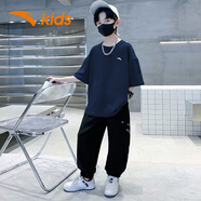 安踏兒童套裝童裝男童官方運(yùn)動(dòng)服中大童春夏季速干透氣短袖長褲兩件套 藏藍(lán)T+黑褲12 130