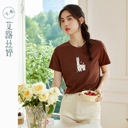 艾路絲婷貼布繡花短袖t恤女2024年夏季新款圓領(lǐng)正肩寬松顯瘦上衣31882 咖色 M