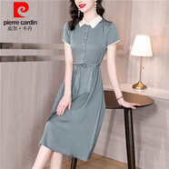 皮爾卡丹仿真絲連衣裙女夏季中年絲綢純色氣質(zhì)桑蠶絲中長(cháng)裙 淺藍色 L 106-118斤