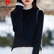 皮爾卡丹（pierre cardin）歐貨秋冬新款木耳蕾絲領(lǐng)針織衫女半高領(lǐng)抽條顯瘦套頭毛衣衫打底衫 黑色 L 建議110-130斤