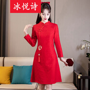 冰悅詩（BINGYUESHI）大碼紅色旗袍秋冬新款復(fù)古國風(fēng)改良長袖旗袍連衣裙新娘敬酒服 紅色 L