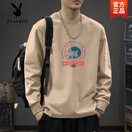花花公子（PLAYBOY）重磅純棉束口長(zhǎng)袖t恤男士春秋季ins潮牌百搭寬松簡(jiǎn)約個(gè)性圓領(lǐng)體恤 卡其色純棉束口袖長(zhǎng)-560高質(zhì)量 S 【建議90-115斤】