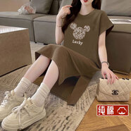 寐麗【純棉】法式連衣裙夏季顯高氣質(zhì)寬松短袖中長款t恤裙休閑裙子 咖啡色 XL建議130-150