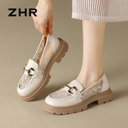 ZHR樂福鞋女軟底百搭網(wǎng)面透氣單鞋女英倫風(fēng)粗跟女鞋 FTEP06E 米色 37