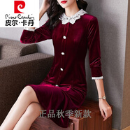 皮爾卡丹輕奢高檔女裝 輕奢設(shè)計(jì)感長袖小黑裙子絲絨裙女2021新款修身洋氣減齡秋裝連衣裙針織 紅色 S/155