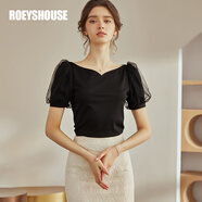 ROEYSHOUSE羅衣法式心形領(lǐng)泡泡袖短袖t恤女夏裝新款氣質(zhì)淑女拼接上衣04008 黑色 M