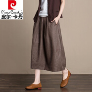 皮爾卡丹（pierre cardin）棉麻半身裙中長款夏季純棉花苞裙寬松顯瘦氣質夏松緊腰燈籠裙子 咖色 2XL建議125-136斤