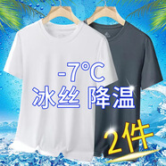 策息冰絲純色短袖t恤男士夏季涼感透氣半袖學生休閑百搭男裝速干運動 白色+深灰 XL -建議110-130斤左右