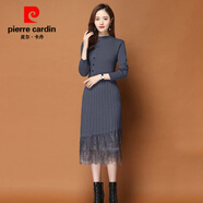 皮爾卡丹加絨加厚羊毛針織連衣裙女中長(cháng)款過(guò)膝長(cháng)裙秋冬韓版長(cháng)袖蕾絲打底毛 灰 L 建議105-115斤