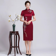 玫芙娜旗袍中國風時尚氣質高端喜婆婆婚宴禮服高檔刺繡修身旗袍春夏秋裝 酒紅中長短袖 XL