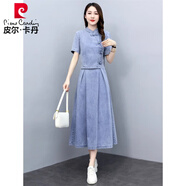皮爾卡丹民族風(fēng)冰絲牛仔套裝連衣裙女薄款2025夏季新款復(fù)古改良旗袍兩件 淺藍(lán)色 M(建議95-105斤 高品質(zhì))