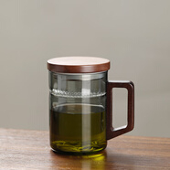 禾艾蘇（heisou）  茶杯月牙杯玻璃泡茶杯家用帶把耐高溫花茶杯辦公杯茶水分離杯 400ML輕奢灰-木把(帶蓋)
