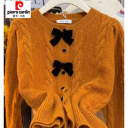 皮爾卡丹（pierre cardin）2025秋冬溫柔甜美蝴蝶結針織開衫女小香風設計感長袖收腰加厚毛衣 黃色【商場款】 S 建議80-90斤