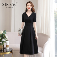 SIN.CYC女裝V領(lǐng)連衣裙女中長款夏季短袖時(shí)尚氣質(zhì)裙子 黑色 3XL