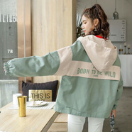 棉致外套女2025秋裝女裝新款寬松學(xué)生連帽短款薄夾克 豆綠 L 【105-115斤】