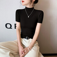 嫻柔針織半高領(lǐng)短袖t恤女春夏新款螺紋棉體恤修身半袖緊身打底上衣 黑色 S