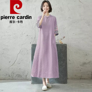 皮爾卡丹（pierre cardin）文藝復古民族風上衣女刺繡花棉麻連衣裙盤扣立領五分袖連衣裙女裝 紫色 XL 115-130斤