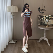 SXA香港潮牌高端假兩件連衣裙女夏新款氣質條紋小飛袖不規(guī)則開叉裙子 棕色連衣裙 S