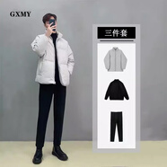 gxmy輕熟風(fēng)棉服男士休閑冬季韓版潮流加絨加厚棉衣服男裝外套一套搭配 灰色棉服+高領(lǐng)黑毛衣+加絨黑西褲 XL 【125-145斤】