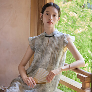 樂(lè )町小飛袖國風(fēng)連衣裙玫瑰壓印A字寬松新中式娃娃裙 黑白印花（預售） XS