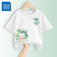 真維斯童裝女童夏季套裝2025新款兒童純棉短袖T恤時(shí)尚中大童休閑花苞腰短褲 【短袖】白/J荷葉貓+J夏天K 140