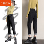 紅蜻蜓牛仔褲女加絨褲女新款2025年秋季高腰蘿卜老爹褲子女裝休閑長(zhǎng)褲子 黑色常規(guī) 2XL