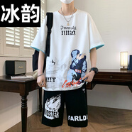 冰韻短袖男孩青少年純棉t恤12-15歲初中學(xué)生14帥氣運動套裝16大童夏裝 7626白色(短袖+短褲) 品質(zhì)升級 M (70-90斤左右)