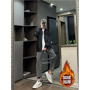 益帛（YIBO）牛仔褲男冬季新款加絨港風(fēng)復古毛邊修身小腳直筒做舊休閑長(cháng)褲子男 黑灰色加絨 M 【建議95-105斤】