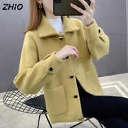 ZHIO雙面毛呢外套女2025春秋新款韓版寬松仿水貂毛開衫加厚短款上衣 黃色 L 110斤-120斤
