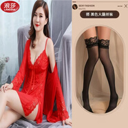 浪莎（LangSha）純欲冰絲蕾絲性感睡衣女情趣內衣吊帶小媽包臀裙夫妻調情七夕戰袍 中國紅+蕾絲黑絲襪 M (適合95-105斤)