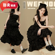 靠森（Kaooseen）公主裙成人蓬蓬裙拖尾黑色晚禮服女2024新款宴會(huì )氣質(zhì)18歲生日高中 黑色 褶皺裙 S