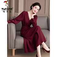 啄木鳥(niǎo)法式輕奢高級感赫本風(fēng)收腰高端精致酒紅色長(cháng)袖連衣裙女2024秋新款 酒紅色連衣裙 L
