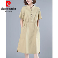 皮爾卡丹（pierre cardin）連衣裙女媽l媽夏季大l碼女裝2024年新款中年亞麻休閑棉麻裙子 短袖卡其色2117 M 約適合體重120斤內(nèi)
