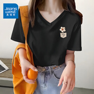 真維斯（JEANSWEST）v領(lǐng)t恤女2025夏季新款純棉短袖女韓版潮流小個(gè)子寬松正肩短袖上衣 黑色 毛絨花口袋_K_ 2XL