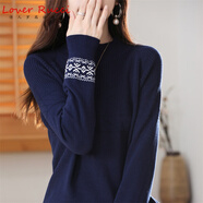 LOVER RUCCI純棉線(xiàn)提花半高領(lǐng)毛衣女短款寬松長(cháng)袖打底針織衫保暖全棉內搭上衣 藏青色 XL