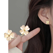 梵蒂莫幸運四葉草s999銀耳釘女 日韓款貓眼石 生日禮物送女友 金色