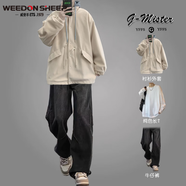 威登羊假兩件夾克套裝男士春秋新款寬松休閑夾棉加厚外套男潮流百搭上衣 卡其外套+白長(cháng)T+黑牛仔褲【三件 XL