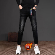 名士鯊（MINGSHISHA）高端潮牌黑色牛仔褲男修身小腳褲秋冬加絨加厚韓版潮流休閑長(cháng)褲子 005黑色九分秋冬加絨款 31