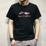 李寧（LI-NING）短袖男女同款t恤潮流圓領(lǐng)休閑棉春夏季印花舒適透氣半袖棉打底衫 標準黑（大LOGO-100%棉） L (175)
