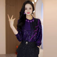 回姿廣東普寧一字領(lǐng)襯衫女高級感法式復古氣質(zhì)亮片紫色襯衫女2024秋冬 紫色 M 建議90-105斤
