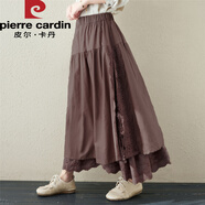 皮爾卡丹日系出口尾單亞麻內襯系帶半身裙森女重工刺繡高腰A字中長(cháng)裙 咖啡色 L 【115-130斤】
