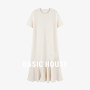 Basic House/百家好不規則拼接連衣裙寬松短袖中長(cháng)款裙子夏季新款 白色 L