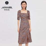 阿瑪施（AMASS）女裝新款復(fù)古碎花方領(lǐng)開叉高腰中長A字連衣裙5500406 碎花 M (3碼)