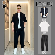 【兩件套】夏季男士大碼兩件套條紋短袖T恤套裝胖子男生寬松上衣 Q86黑色西服+白色T恤+黑色褲子 M碼 建議 100-125斤