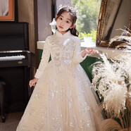 兒童高級感晚禮服裙女童公主裙冬款加厚氣質生日宴主持人演講比賽 淺香檳色加絨長款 150