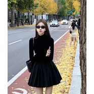 蘭伶坊赫本風黑色氣質修身蓬蓬連衣裙女裝秋季內搭短裙子a字顯瘦公主裙 黑色短裙 S高級感穿搭小個子歐美裙子姐姐裙超好看連衣裙連身裙