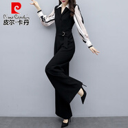 皮爾卡丹（pierre cardin）針織春夏連體褲女2025春款新款韓版時尚休閑黑色連衣褲高腰闊腿褲 345#黑色拼條紋 S 【85-95斤 好質量】
