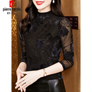 皮爾卡丹（pierre cardin）半高領(lǐng)網(wǎng)紗打底衫女內(nèi)搭秋冬裝新款植絨長(zhǎng)袖T恤洋氣小衫蕾絲上衣 黑色 L