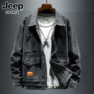 JEEP SPIRIT牛仔外套男秋冬季新款寬松美式潮牌大碼工裝復古夾克牛仔衣 6029黑灰色 4XL