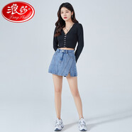 浪莎高腰牛仔短褲女寬松夏季薄款a字裙褲三分熱褲潮闊腿休閑開叉短裙